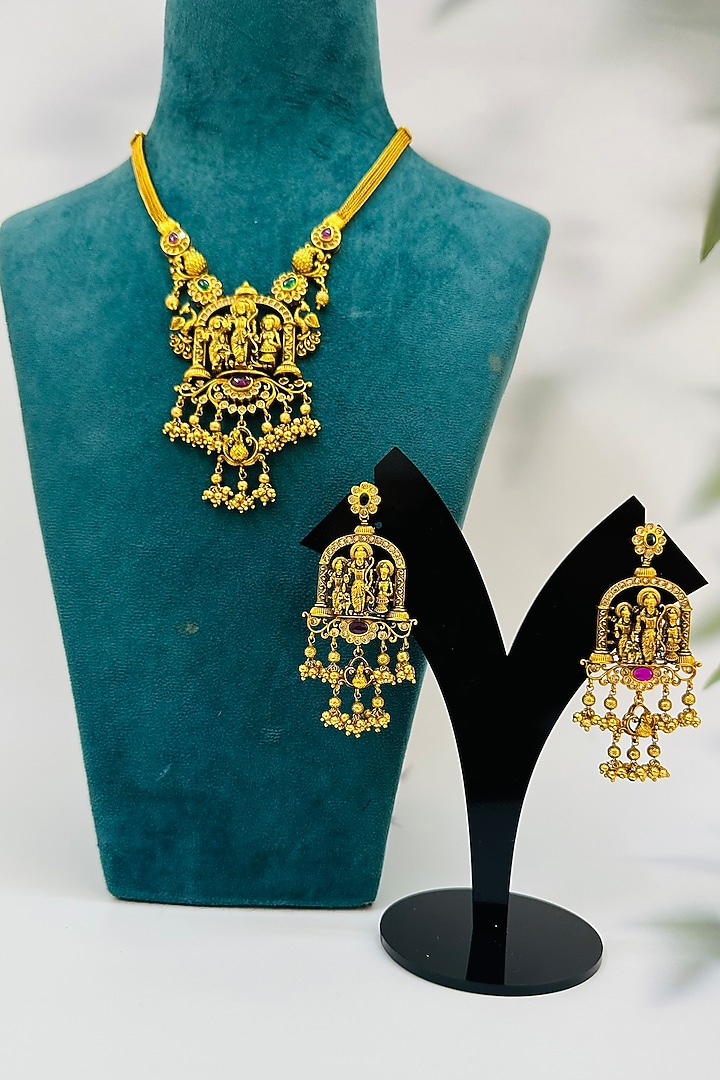 Gold Finish Multi-Colored Stone Temple Pendant Necklace Set by ZAZA BY SOMYA at Pernia's Pop Up Shop