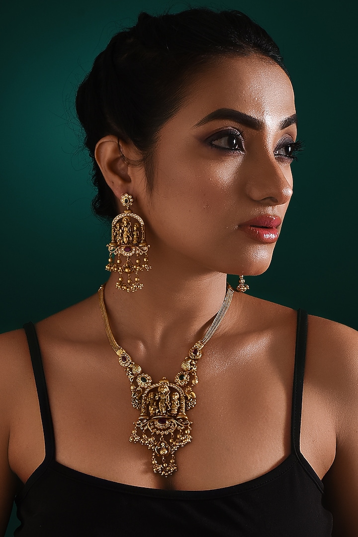 Gold Finish Multi-Colored Stone Temple Pendant Necklace Set by ZAZA BY SOMYA at Pernia's Pop Up Shop