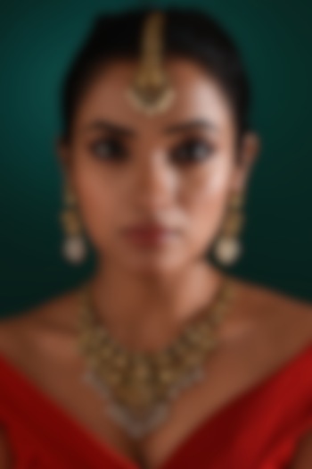 Gold Finish Multi-Colored Stone & Pearl Drop Temple Necklace Set by ZAZA BY SOMYA at Pernia's Pop Up Shop