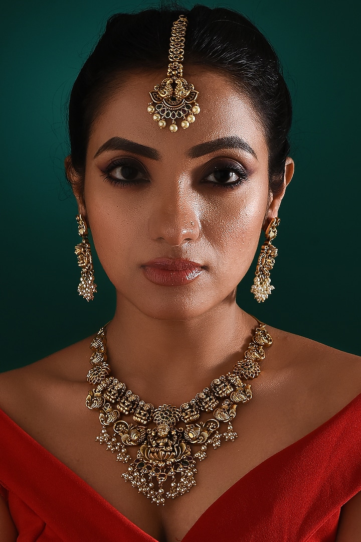 Gold Finish Multi-Colored Stone & Pearl Drop Temple Necklace Set by ZAZA BY SOMYA at Pernia's Pop Up Shop