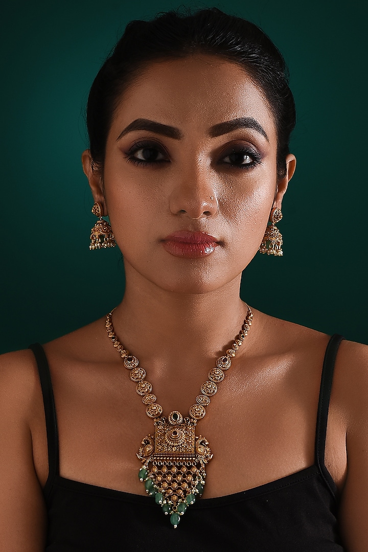 Gold Finish Multi-Colored Stone & Pearl Drop Long Pendant Temple Necklace Set by ZAZA BY SOMYA at Pernia's Pop Up Shop