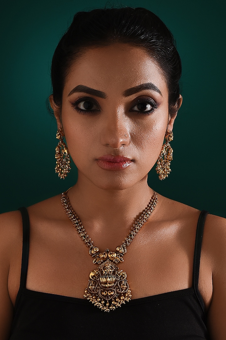 Gold Finish Multi-Colored Stone & Pearl Drop Long Pendant Temple Necklace Set by ZAZA BY SOMYA at Pernia's Pop Up Shop