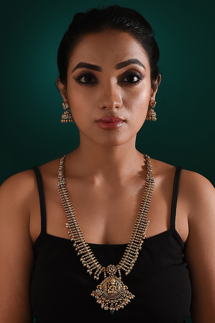 Gold Finish Multi-Colored Stone Long Temple Necklace Set by ZAZA BY SOMYA at Pernia's Pop Up Shop