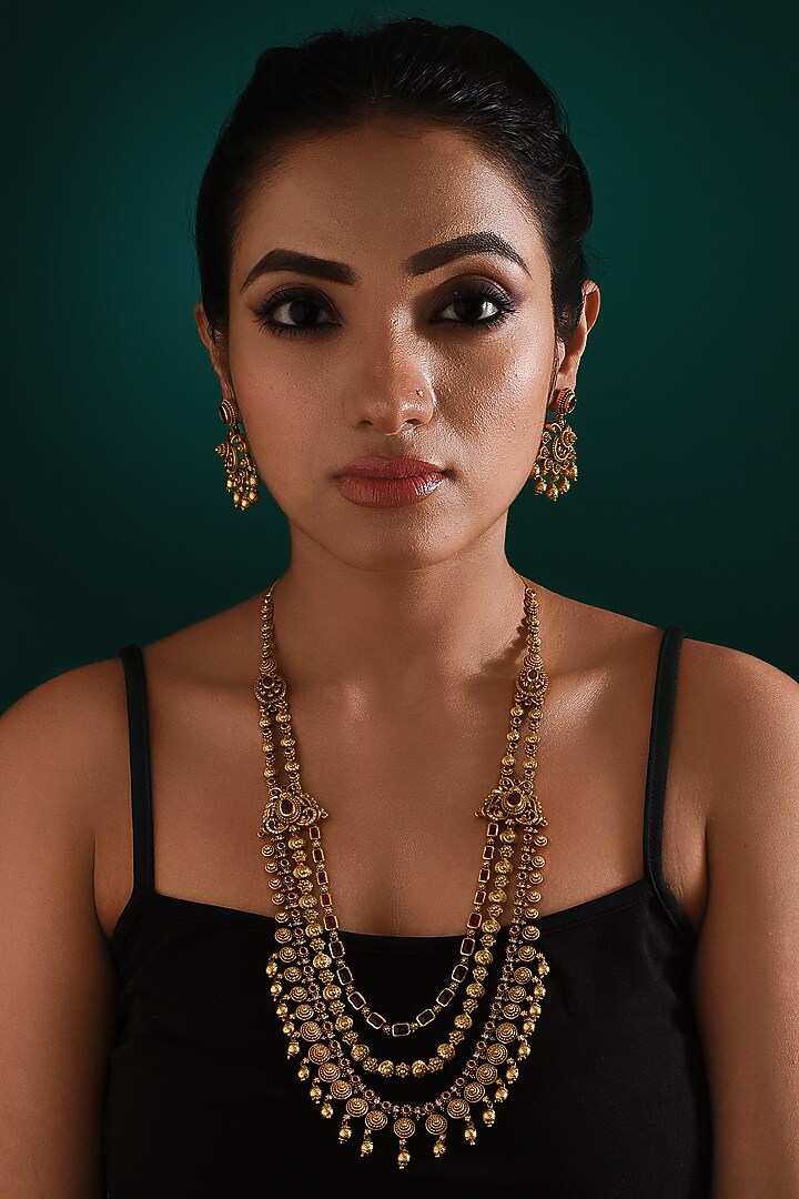 Gold Finish Multi-Colored Stone Long Temple Necklace Set by ZAZA BY SOMYA at Pernia's Pop Up Shop