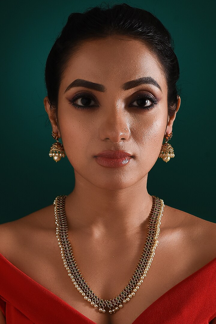 Gold Finish Multi-Colored Stone Long Temple Necklace Set by ZAZA BY SOMYA at Pernia's Pop Up Shop
