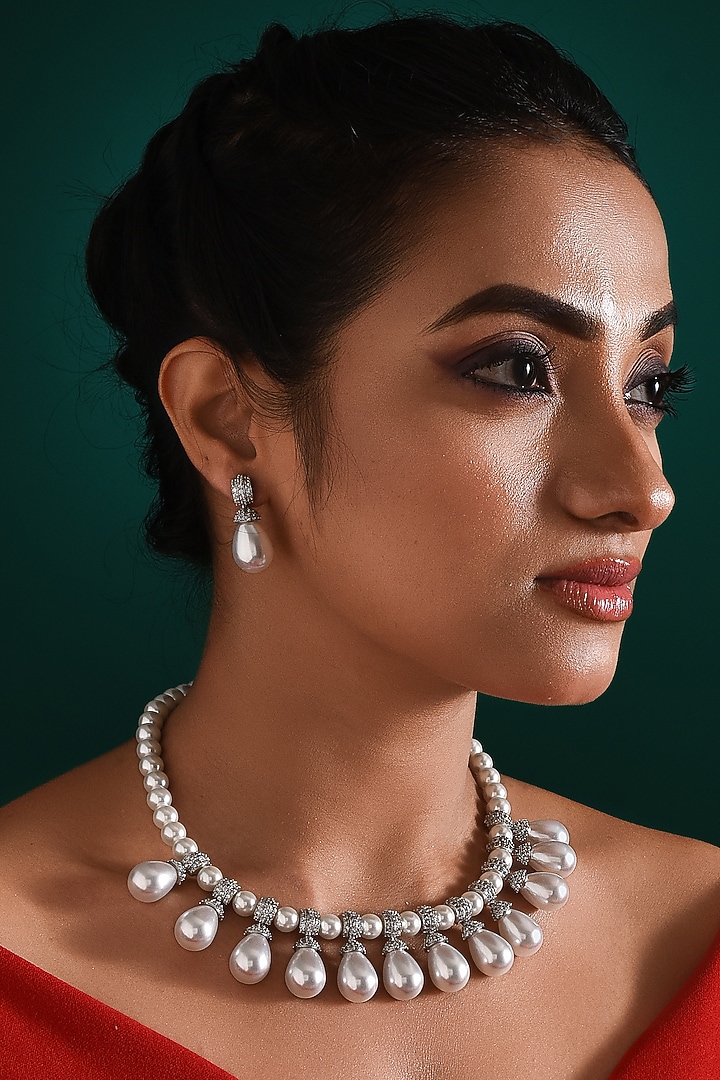White Finish Zircon & Pearl Drop Necklace Set by ZAZA BY SOMYA at Pernia's Pop Up Shop