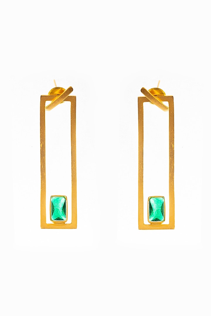 Gold Finish Emerald Green Stone Rectangular Hanging Earrings by ZAZA BY SOMYA at Pernia's Pop Up Shop