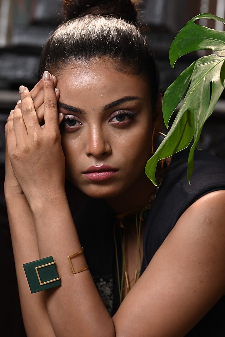 Gold Finish Square Green Onyx Bracelet by ZAZA BY SOMYA at Pernia's Pop Up Shop