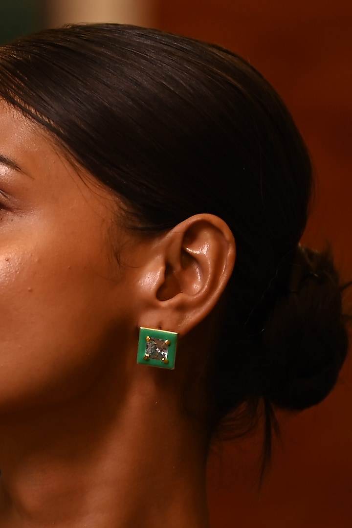 Gold Finish Square-Shaped Zircon Green Enameled Stud Earrings by ZAZA BY SOMYA at Pernia's Pop Up Shop