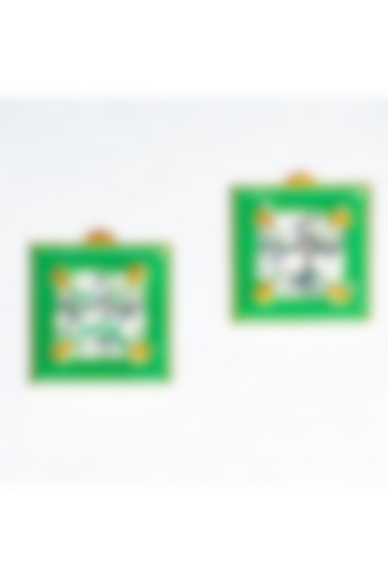 Gold Finish Square-Shaped Zircon Green Enameled Stud Earrings by ZAZA BY SOMYA at Pernia's Pop Up Shop