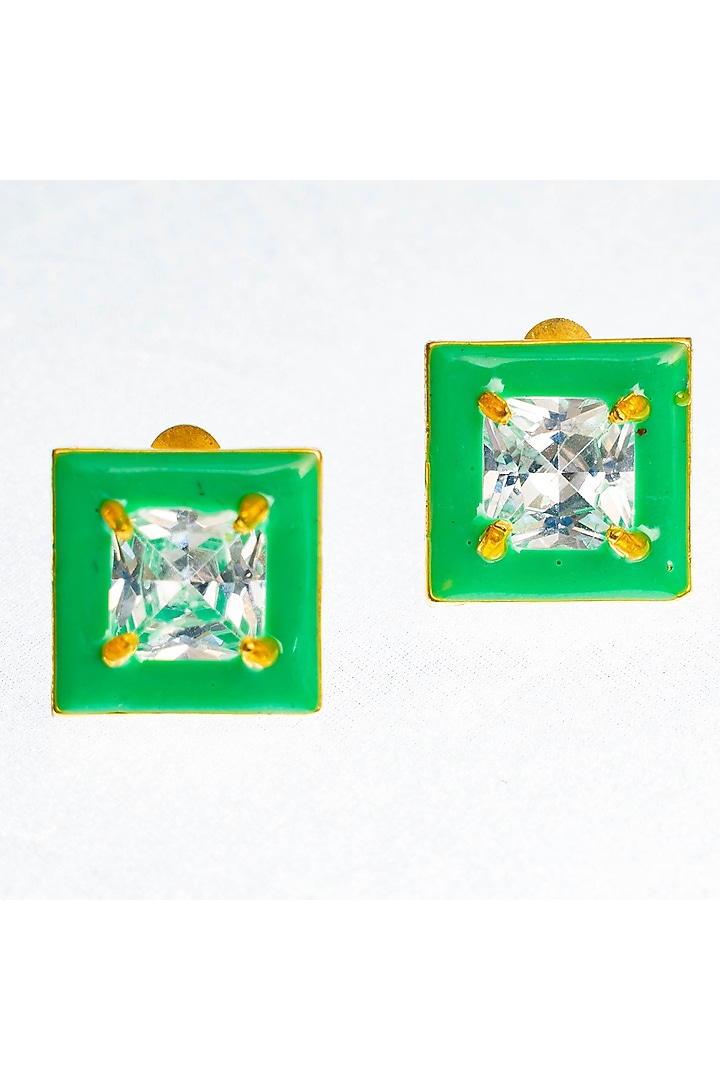 Gold Finish Square-Shaped Zircon Green Enameled Stud Earrings by ZAZA BY SOMYA at Pernia's Pop Up Shop