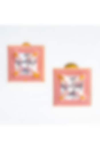 Gold Finish Square-Shaped Zircon Pink Enameled Stud Earrings by ZAZA BY SOMYA at Pernia's Pop Up Shop