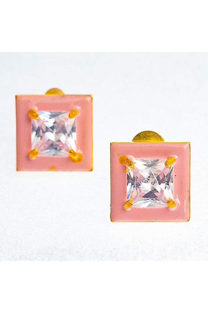 Gold Finish Square-Shaped Zircon Pink Enameled Stud Earrings by ZAZA BY SOMYA at Pernia's Pop Up Shop