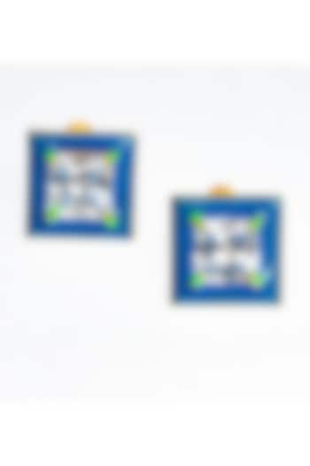 Gold Finish Square-Shaped Zircon Blue Enameled Stud Earrings by ZAZA BY SOMYA at Pernia's Pop Up Shop