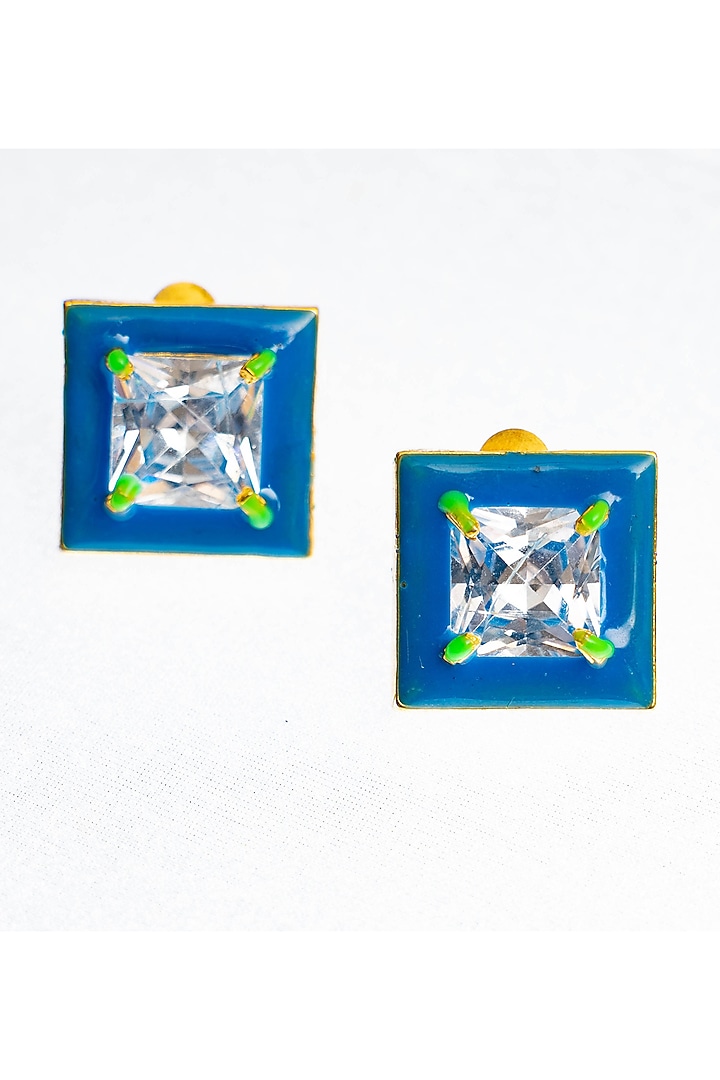 Gold Finish Square-Shaped Zircon Blue Enameled Stud Earrings by ZAZA BY SOMYA at Pernia's Pop Up Shop