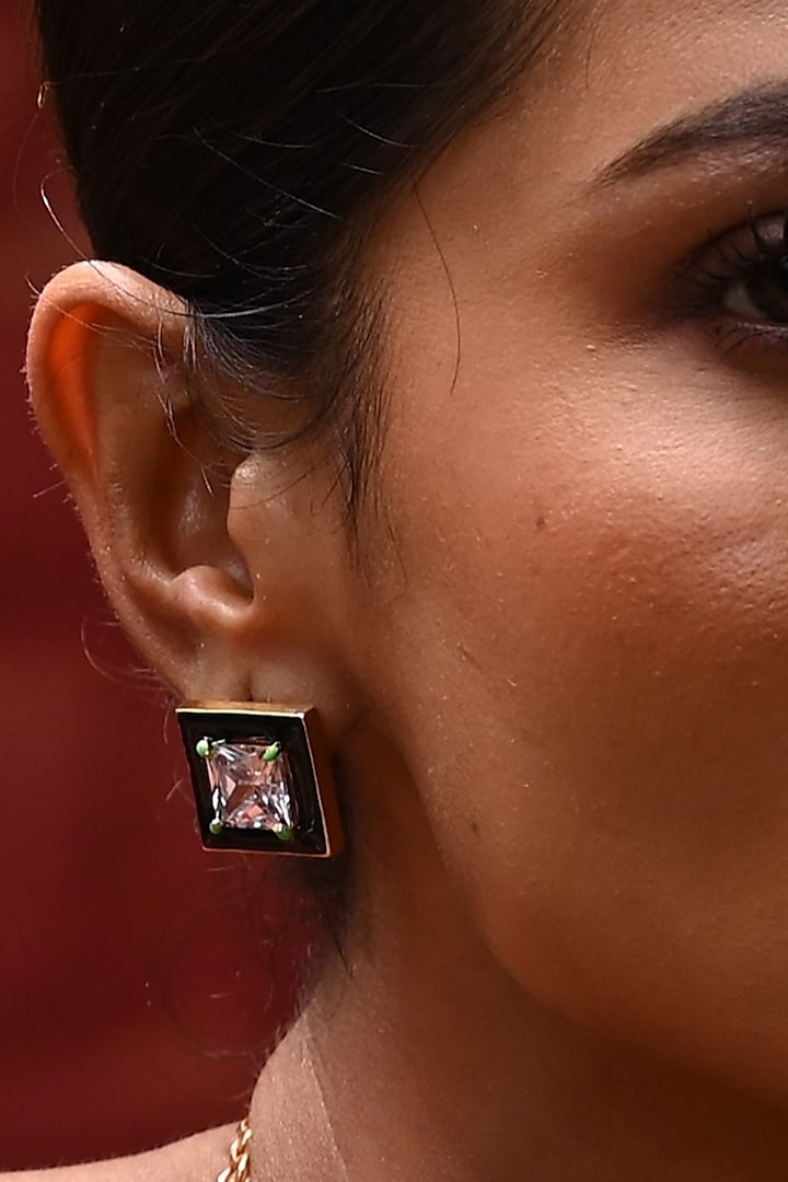 Gold Finish Square-Shaped Zircon Black Enameled Stud Earrings by ZAZA BY SOMYA at Pernia's Pop Up Shop