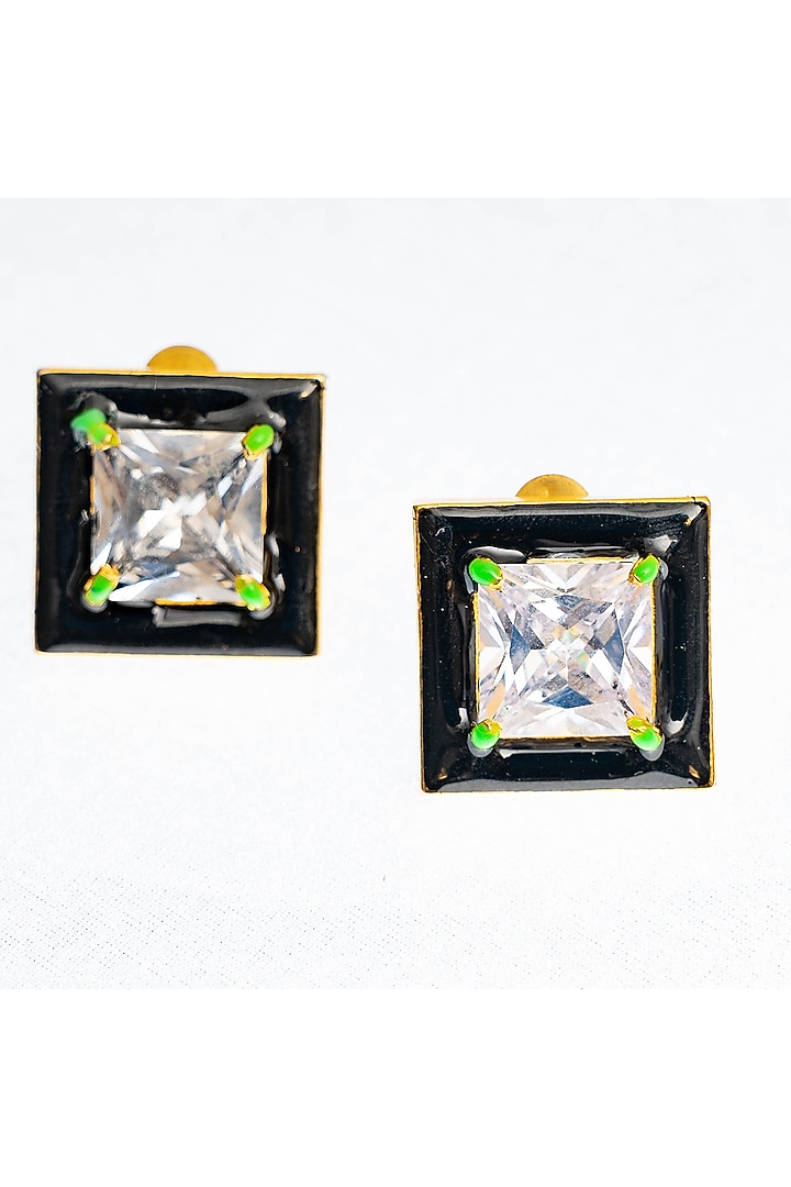 Gold Finish Square-Shaped Zircon Black Enameled Stud Earrings by ZAZA BY SOMYA at Pernia's Pop Up Shop