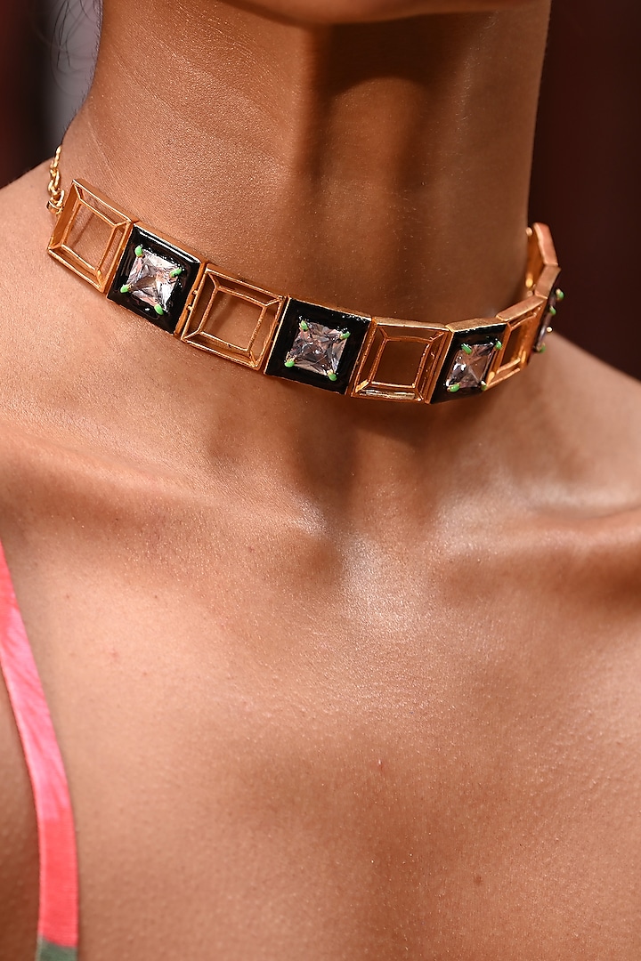 Gold Finish Square-Shaped Zircon Black Enameled Choker Necklace by ZAZA BY SOMYA at Pernia's Pop Up Shop