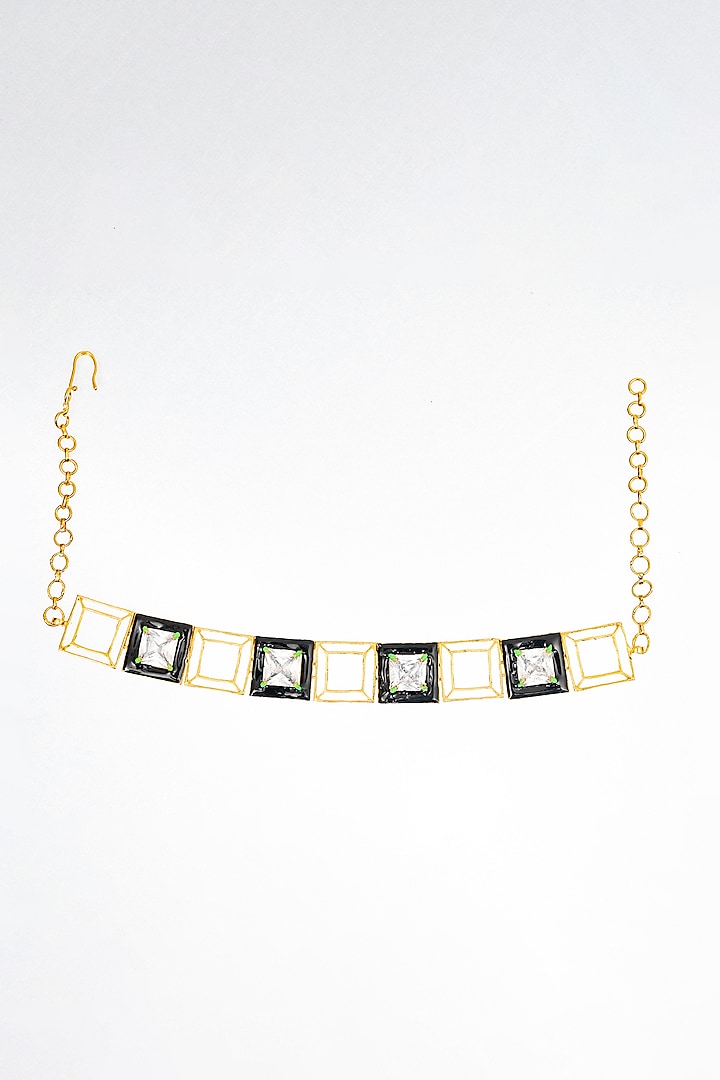 Gold Finish Square-Shaped Zircon Black Enameled Choker Necklace by ZAZA BY SOMYA at Pernia's Pop Up Shop