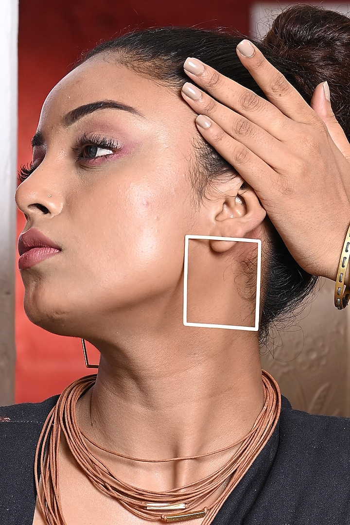 Gold Finish Square Thrill Earrings by ZAZA BY SOMYA at Pernia's Pop Up Shop