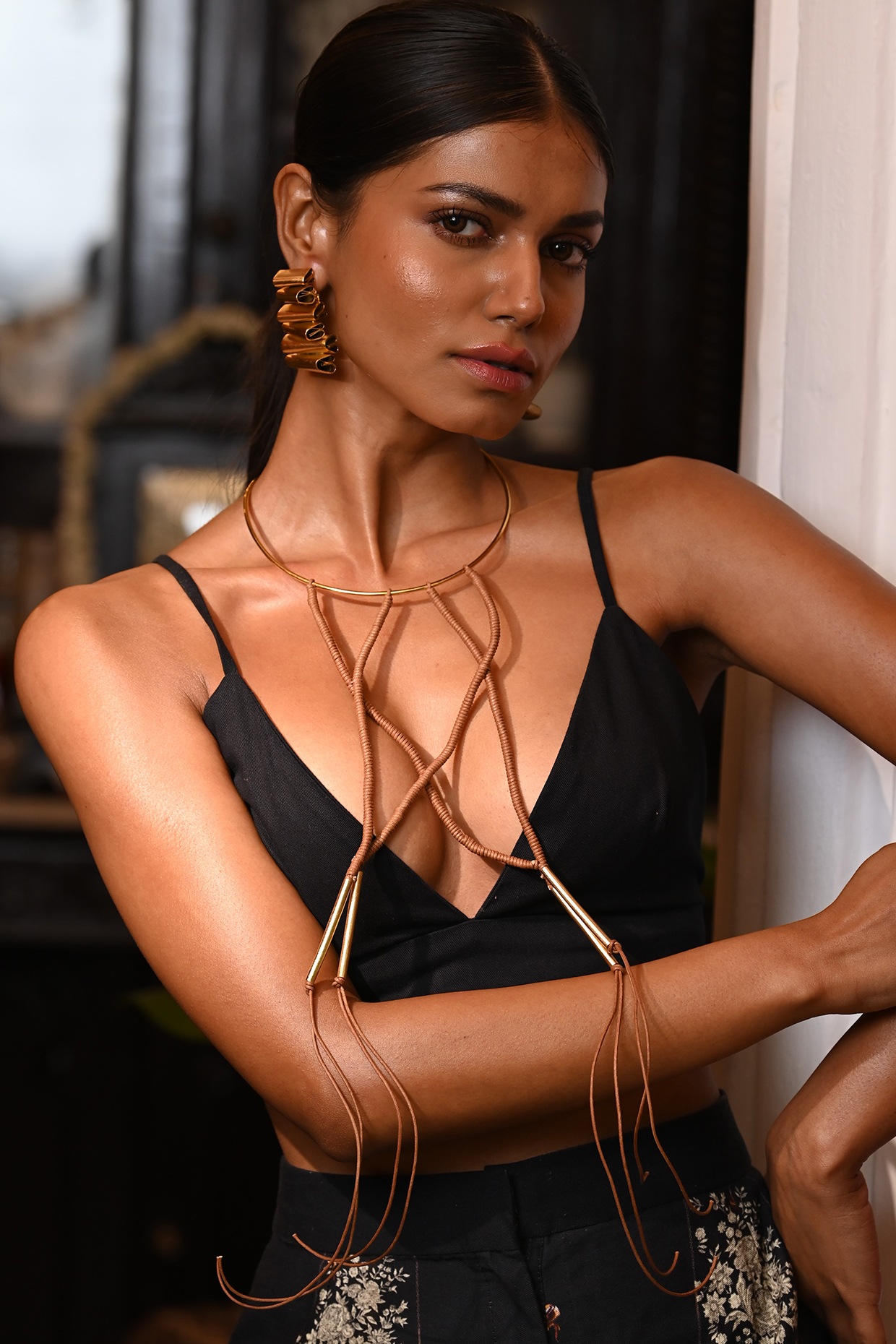 Gold Finish Metal Hasli & Hanging Thread Long Necklace by ZAZA BY