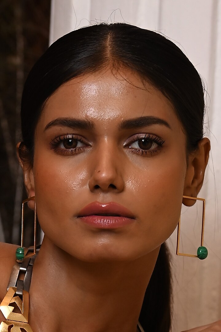 Gold Finish Green Malachite Stone Rectangle Loop Earrings by ZAZA BY SOMYA at Pernia's Pop Up Shop