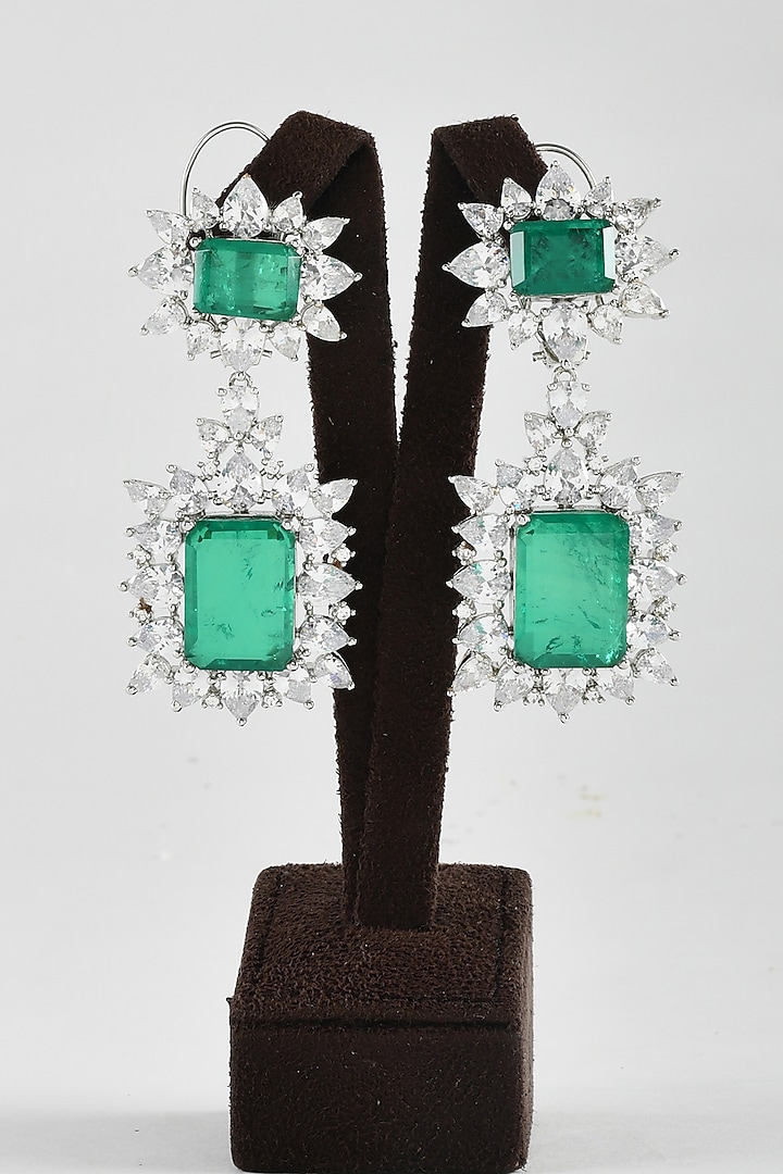 White Finish Green Zircon Dangler Earrings by ZAZA BY SOMYA