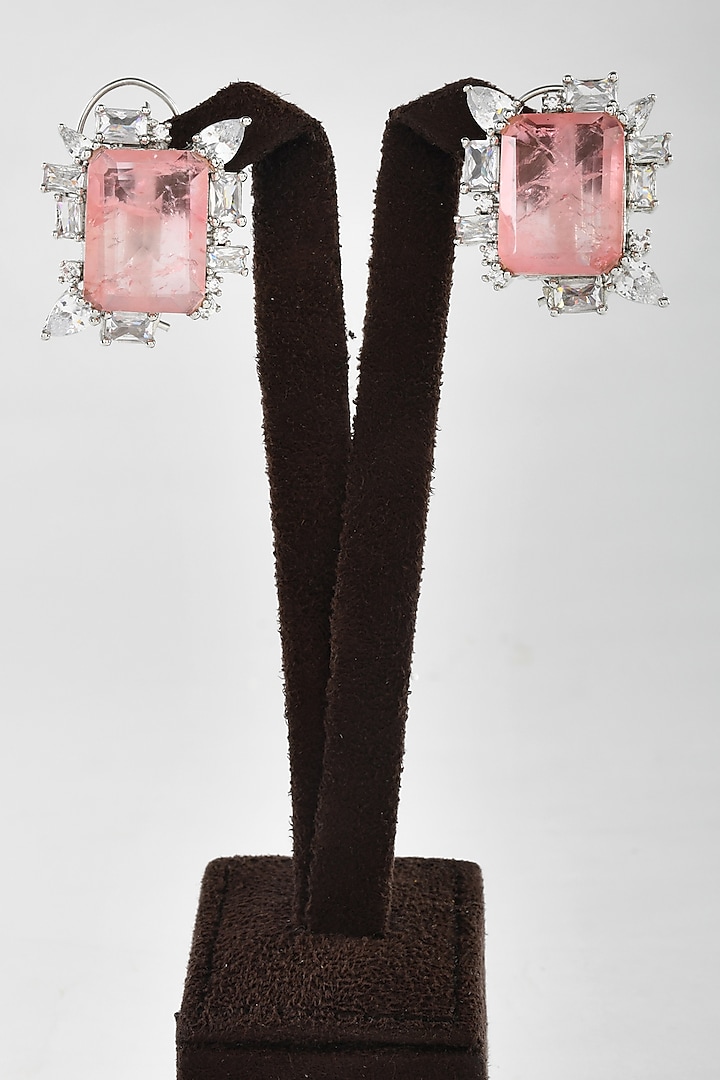 White Finish Pink Zircon & Diamond Stud Earrings by ZAZA BY SOMYA