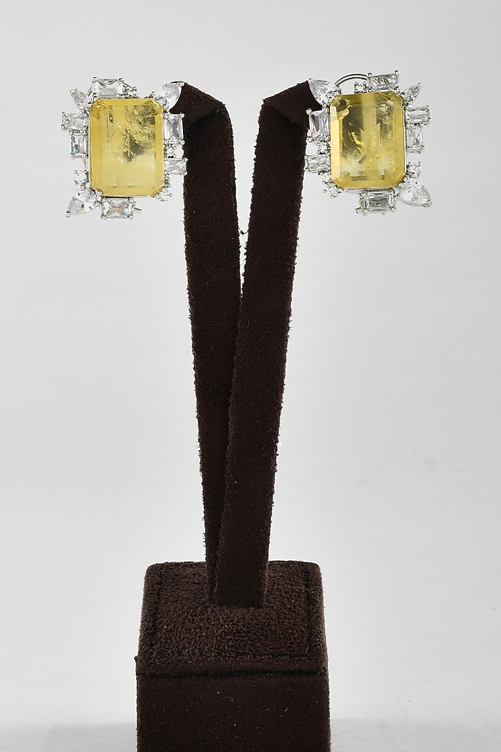 White Finish Yellow Zircon & Diamond Stud Earrings by ZAZA BY SOMYA