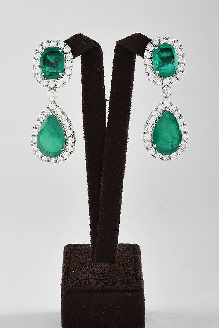 White Finish Green Zircon Dangler Earrings by ZAZA BY SOMYA