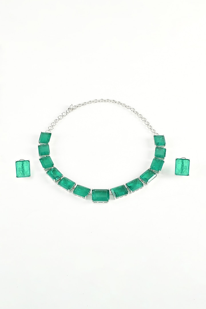 White Finish Green Zircon Necklace Set by ZAZA BY SOMYA at Pernia's Pop Up Shop