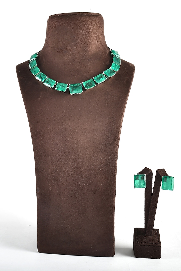 White Finish Green Zircon Necklace Set by ZAZA BY SOMYA