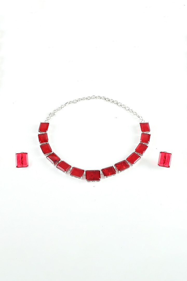 White Finish Red Zircon Necklace Set by ZAZA BY SOMYA at Pernia's Pop Up Shop