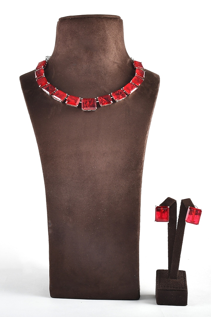 White Finish Red Zircon Necklace Set by ZAZA BY SOMYA
