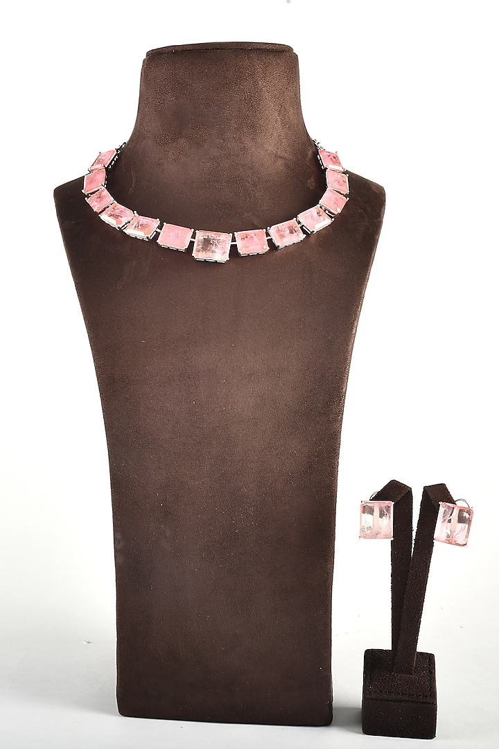 White Finish Pink Zircon Necklace Set by ZAZA BY SOMYA
