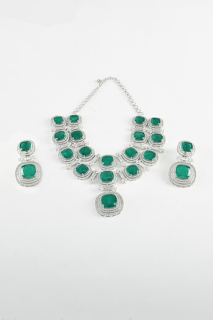 White Finish Zircon & Green Stone Necklace Set by ZAZA BY SOMYA