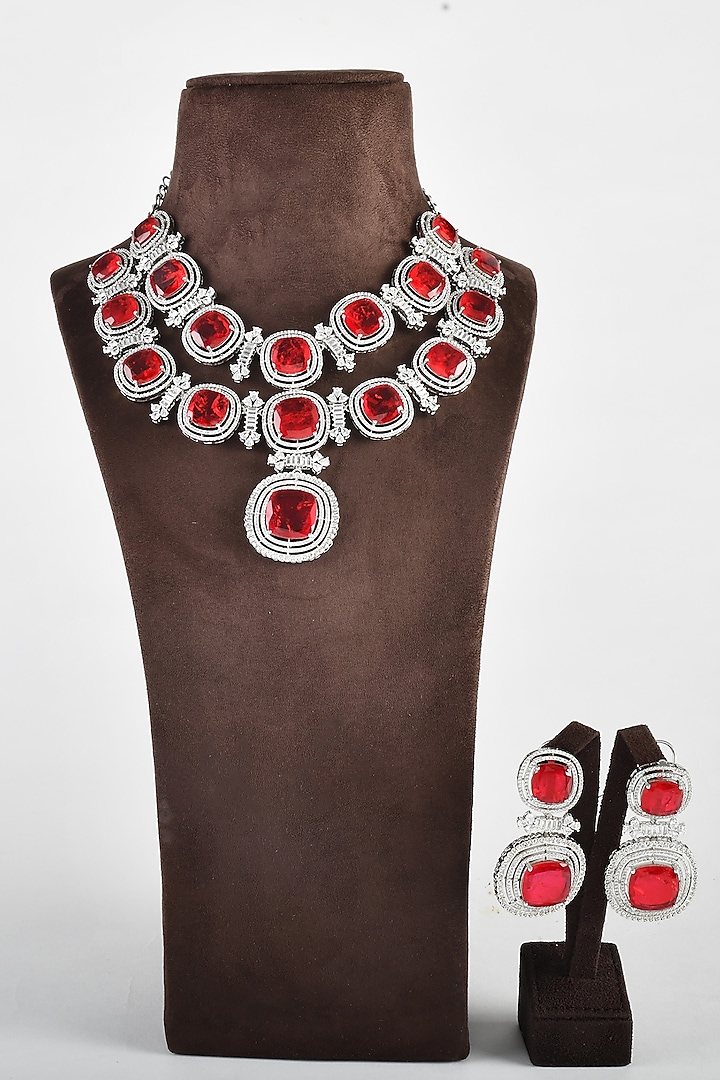 White Finish Zircon & Red Stone Necklace Set by ZAZA BY SOMYA