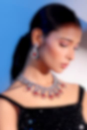 Gold Finish American Diamond & Ruby Stone Necklace Set by ZAZA BY SOMYA at Pernia's Pop Up Shop