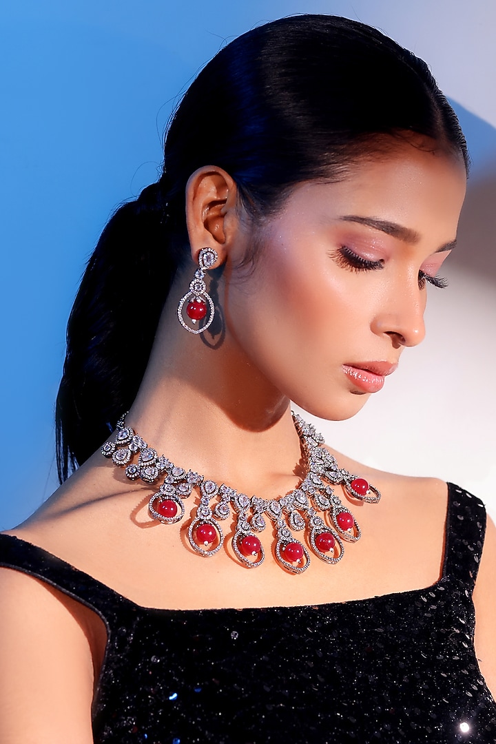 Gold Finish American Diamond & Ruby Stone Necklace Set by ZAZA BY SOMYA at Pernia's Pop Up Shop