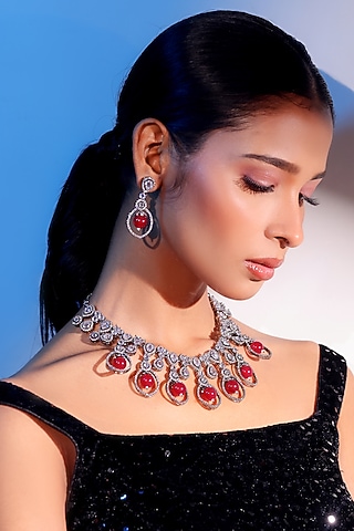 Gold Finish American Diamond & Ruby Stone Necklace Set by ZAZA BY SOMYA