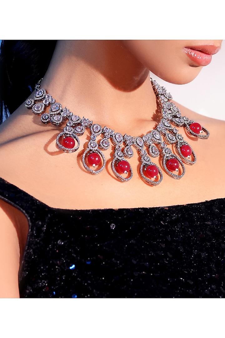 Gold Finish American Diamond & Ruby Stone Necklace Set by ZAZA BY SOMYA at Pernia's Pop Up Shop