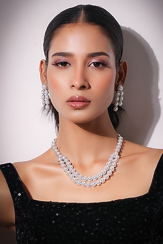 White Finish Pearl & Zircon Necklace Set by ZAZA BY SOMYA