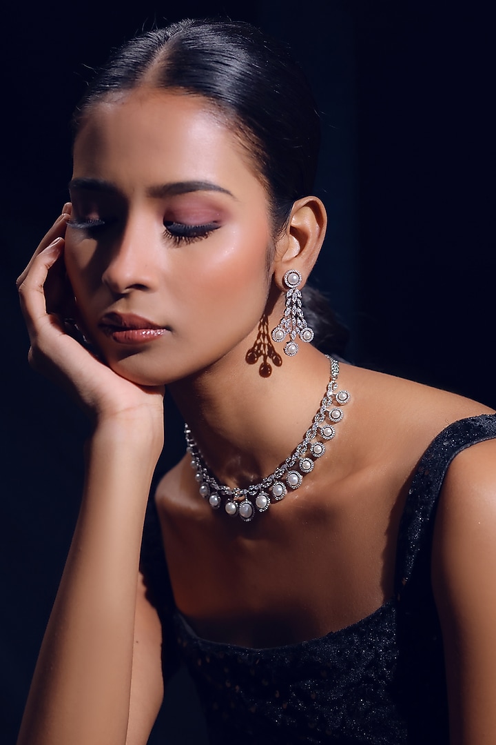 White Finish Pearl & Zircon Necklace Set by ZAZA BY SOMYA at Pernia's Pop Up Shop