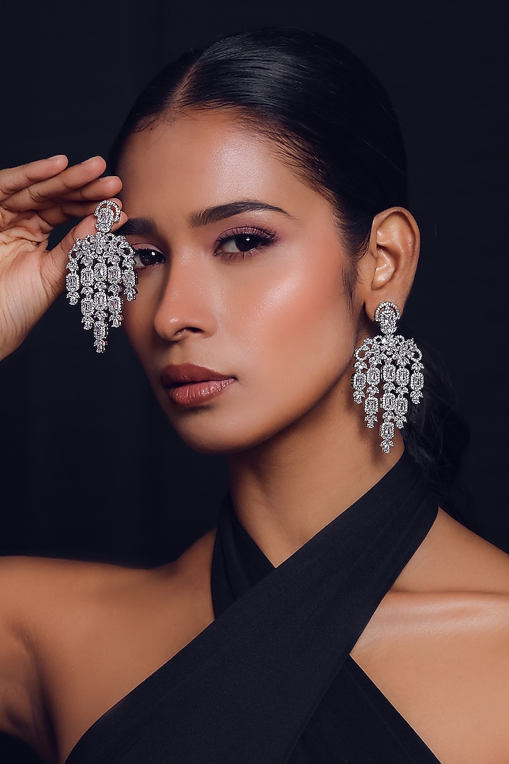White Finish Zircon Long Earrings by ZAZA BY SOMYA at Pernia's Pop Up Shop