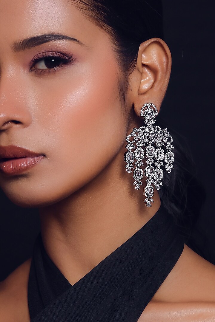 White Finish Zircon Long Earrings by ZAZA BY SOMYA at Pernia's Pop Up Shop