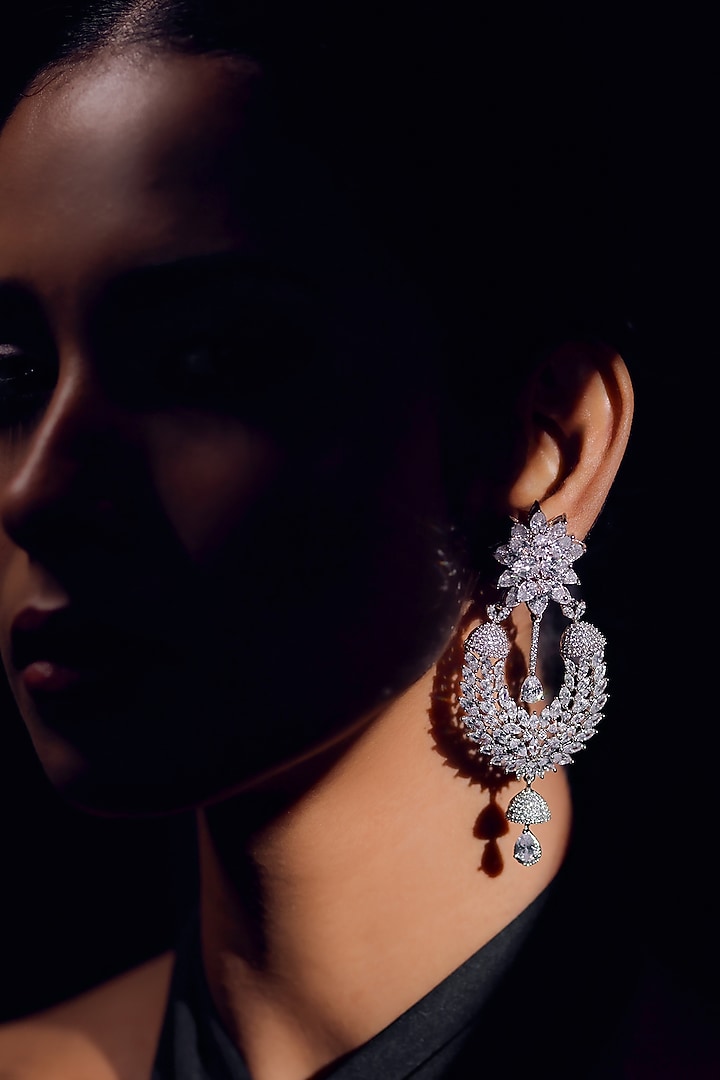 White Finish Zircon Long Earrings by ZAZA BY SOMYA at Pernia's Pop Up Shop