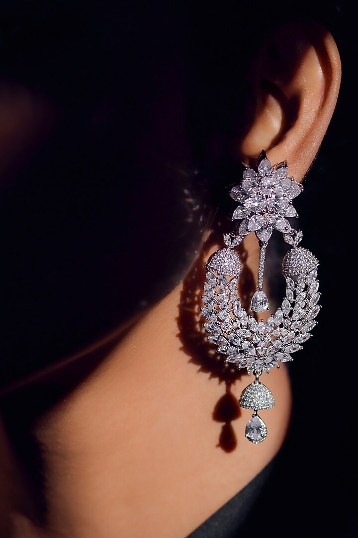 White Finish Zircon Long Earrings by ZAZA BY SOMYA at Pernia's Pop Up Shop