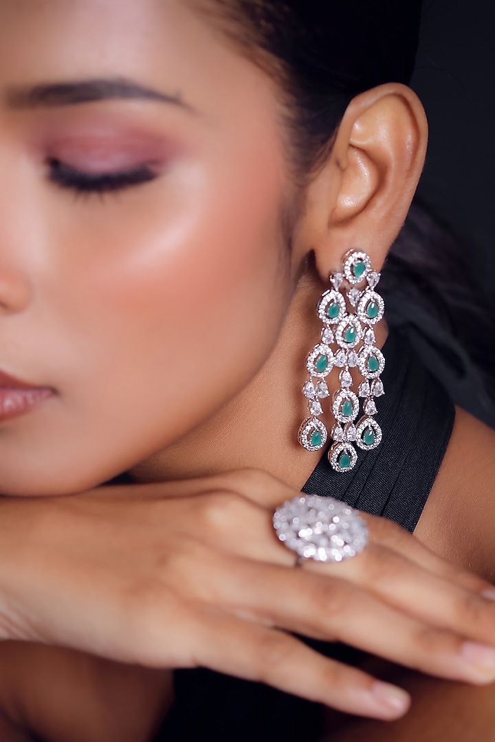 White Finish Zircon Long Earrings by ZAZA BY SOMYA at Pernia's Pop Up Shop