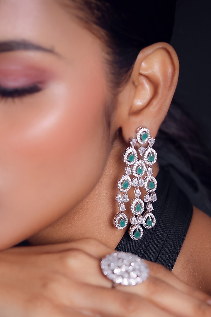 White Finish Zircon Long Earrings by ZAZA BY SOMYA at Pernia's Pop Up Shop