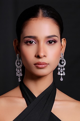 White Finish Zircon Long Earrings by ZAZA BY SOMYA